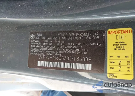 2008 BMW 750Li z USA, uszkodzony, nr VIN WBAHN83578DT85889